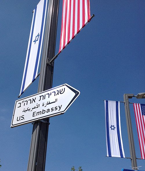 US Embassy signs in Jerusalem.